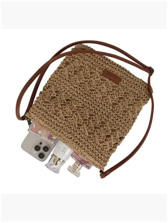 Handwoven Straw Crossbody Shoulder Bag with Leather Strap - Picture 4 of 6